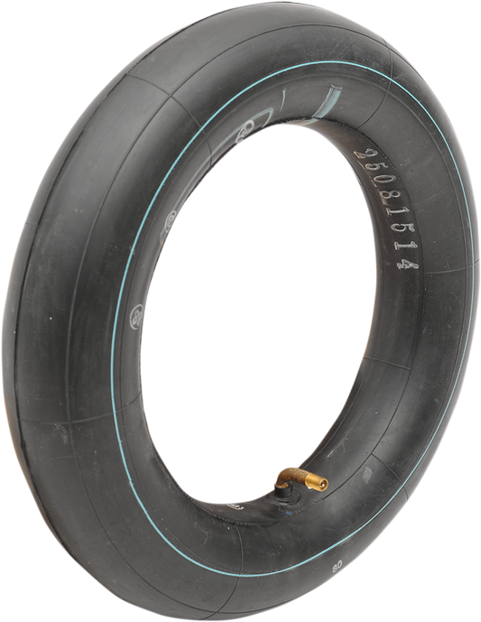Parts Unlimited 10-inch TR-87 inner tube with 90° metal valve for motorcycle tires, shown with valve and rubber tube.