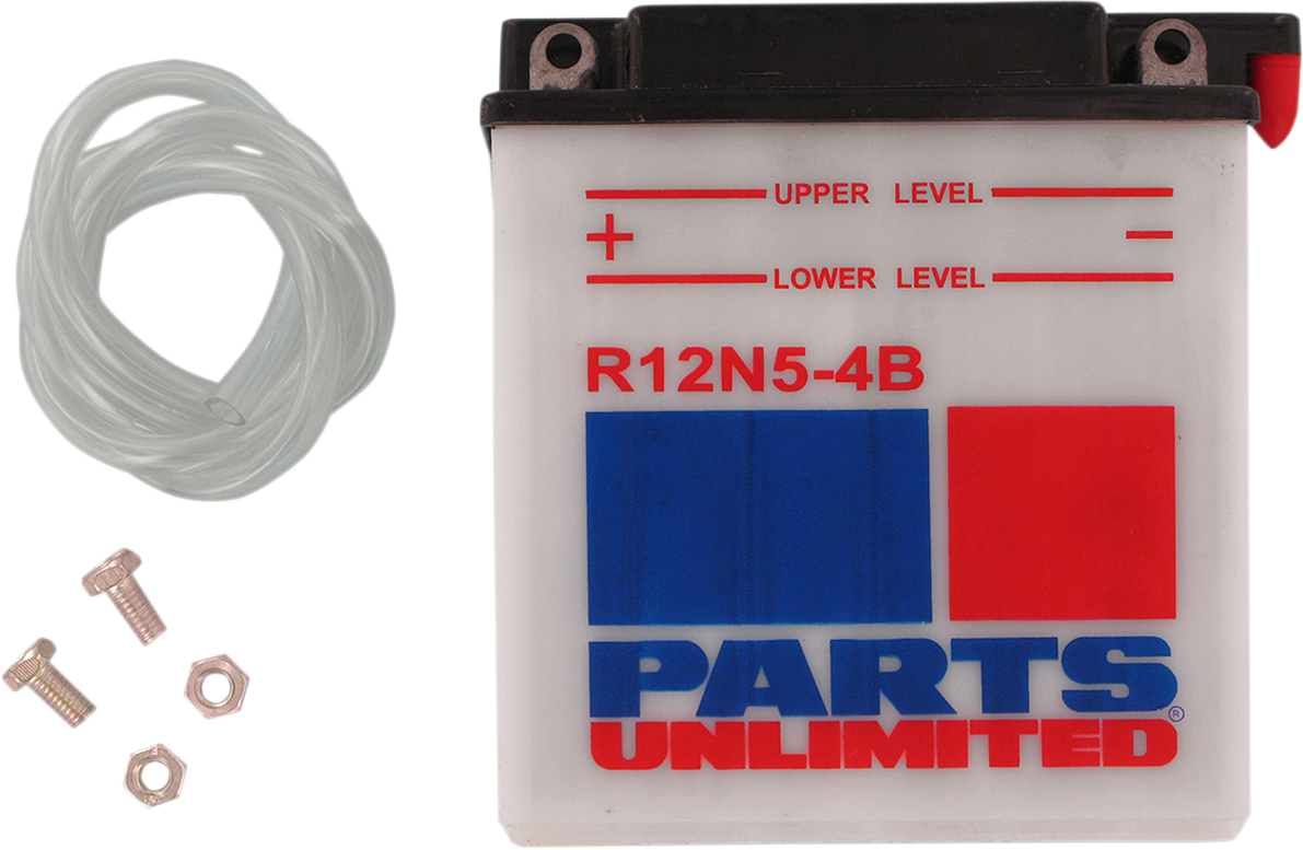 Parts Unlimited 12N5-4B conventional motorcycle battery, 12-volt power source, with terminals and battery casing visible.