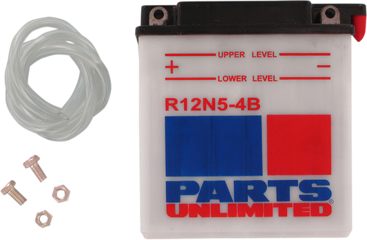 Parts Unlimited 12N5-4B conventional motorcycle battery, 12-volt power source, with terminals and battery casing visible.