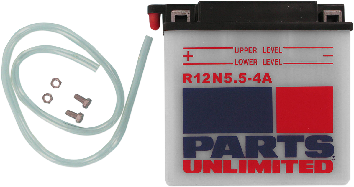 Parts Unlimited 12N5.5-4A conventional motorcycle battery with terminals and casing, providing reliable power for vehicles.
