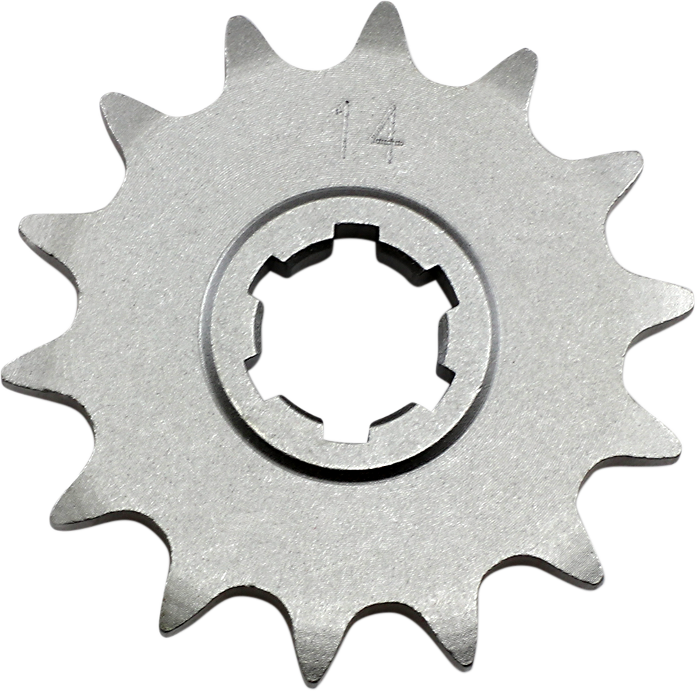 Parts Unlimited 14-tooth countershaft sprocket for Suzuki motorcycles, part #27511-02B00, shown in detailed close-up image.