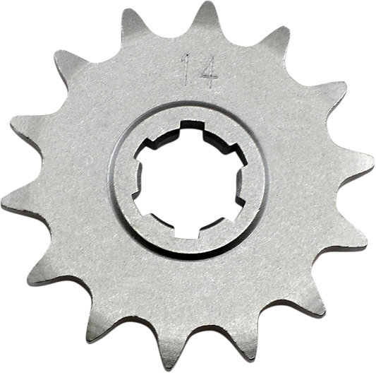 Parts Unlimited 14-tooth countershaft sprocket for Suzuki motorcycles, part #27511-02B00, shown in detailed close-up image.