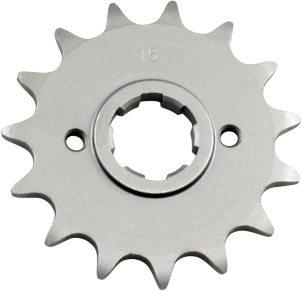 Parts Unlimited 15-tooth countershaft sprocket for Honda motorcycles, shown with teeth and sprocket design.