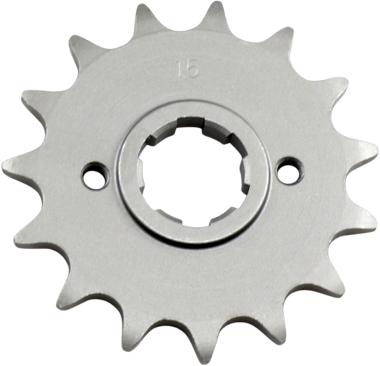 Parts Unlimited 15-tooth countershaft sprocket for Honda motorcycles, shown with teeth and sprocket design.