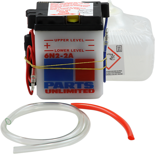 Parts Unlimited 6N2-2A-FP battery replacement for 6N2-2A motorcycle battery, showing the new battery and packaging.