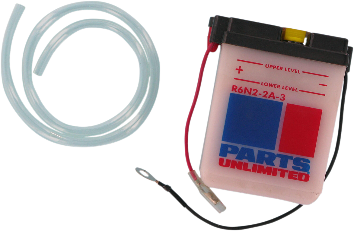 Parts Unlimited 6N22A3 motorcycle battery showing the black rectangular case and terminal posts for reliable motorcycle power.