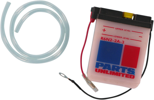 Parts Unlimited 6N22A3 motorcycle battery showing the black rectangular case and terminal posts for reliable motorcycle power.