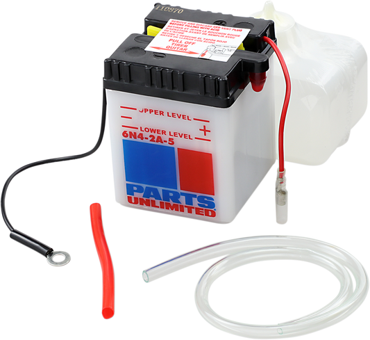 Parts Unlimited 6N4-2A-5 FP battery replacement for marine and powersport vehicles, showing the new battery with labels and terminals.