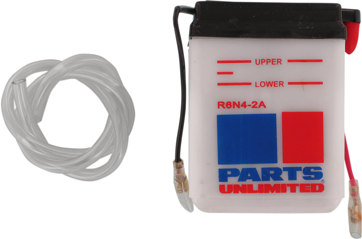 Parts Unlimited 6N4-2A conventional motorcycle battery with positive and negative terminals and durable casing.