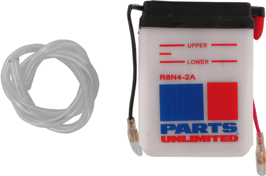 Parts Unlimited 6N4-2A conventional motorcycle battery with positive and negative terminals and durable casing.