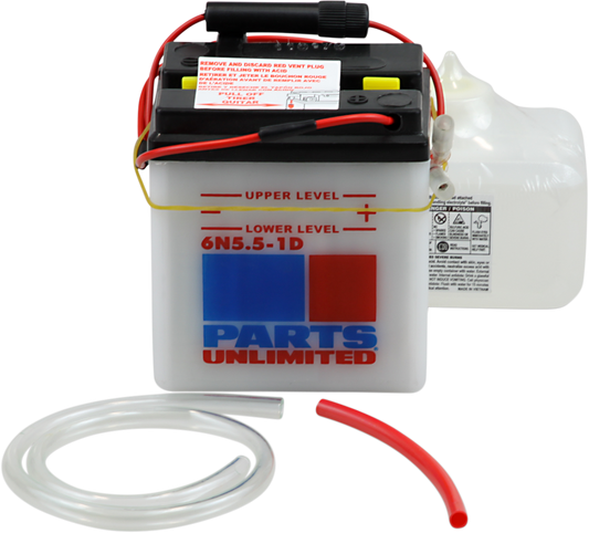 Parts Unlimited 6N55-1D-FP motorcycle battery replacement, compact and clean with terminals for optimal performance.
