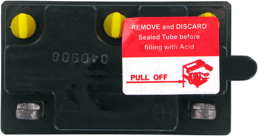 Parts Unlimited 6N6-3B-1 conventional motorcycle and powersports vehicle battery, shown with terminals and casing.