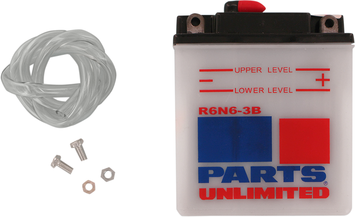 Parts Unlimited 6N6-3B conventional vehicle battery showing terminals and label for reliable power.