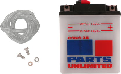 Parts Unlimited 6N6-3B conventional vehicle battery showing terminals and label for reliable power.