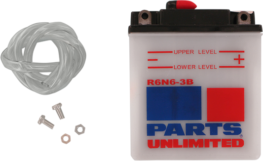 Parts Unlimited 6N6-3B conventional vehicle battery showing terminals and label for reliable power.