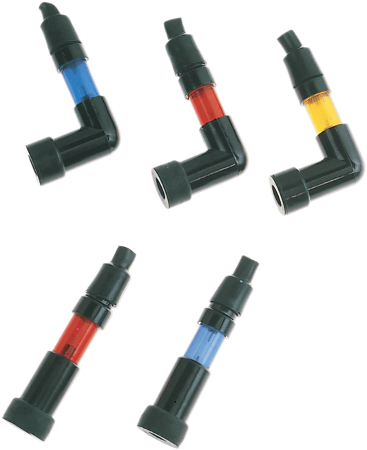 Parts Unlimited 90-degree blue spark plug cap for 10mm, 12mm, and 14mm plugs, compatible with various engine setups.