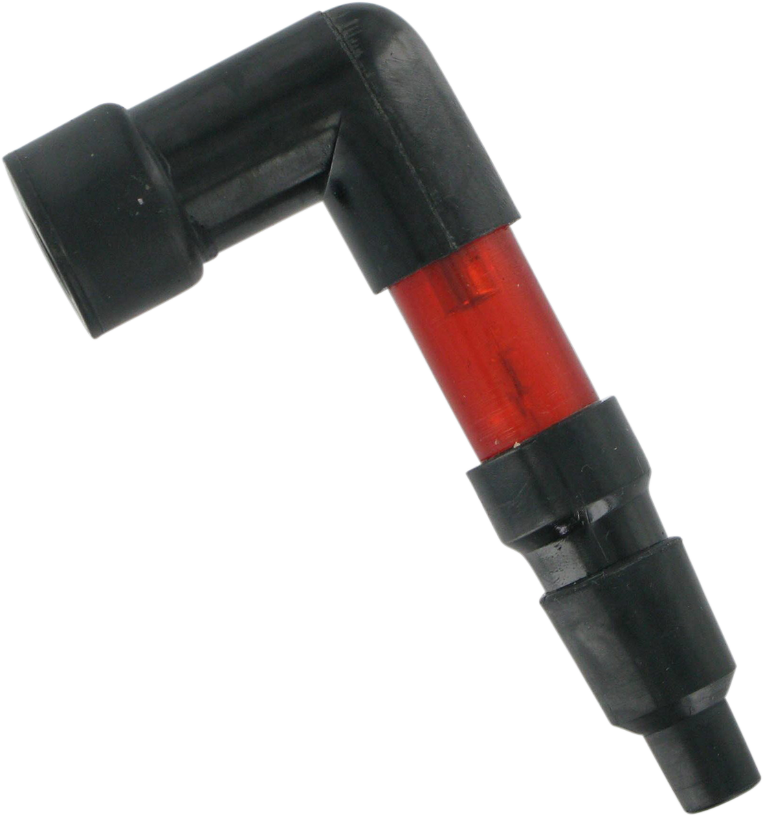 Red 90-degree spark plug cap by PARTS UNLIMITED for 10mm, 12mm, and 14mm spark plugs, designed for durable engine connection.