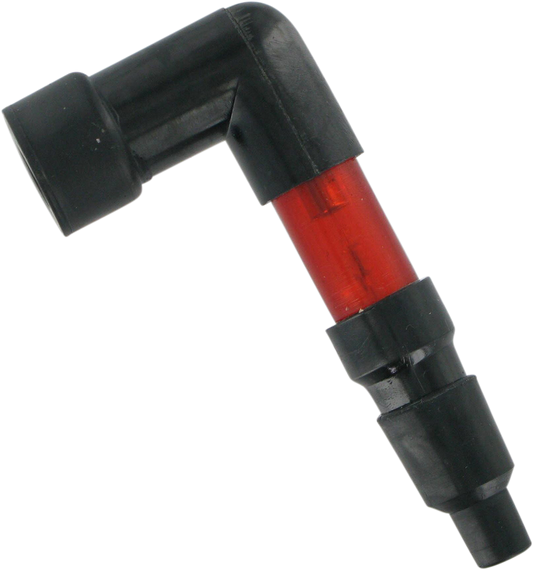 Red 90-degree spark plug cap by PARTS UNLIMITED for 10mm, 12mm, and 14mm spark plugs, designed for durable engine connection.