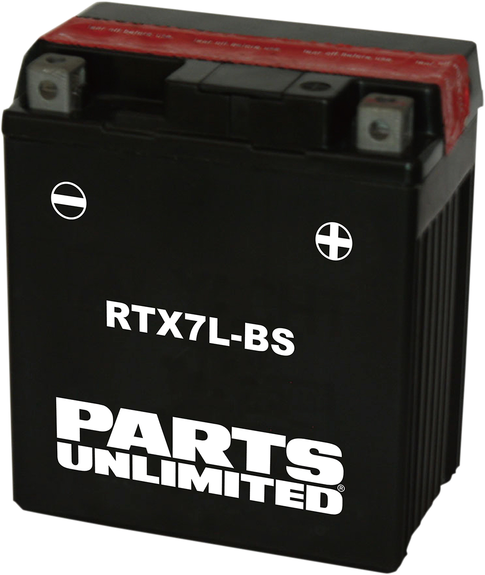 Parts Unlimited AGM Battery RTX7L-BS, sealed maintenance-free car battery with long-lasting power, shown in the image.