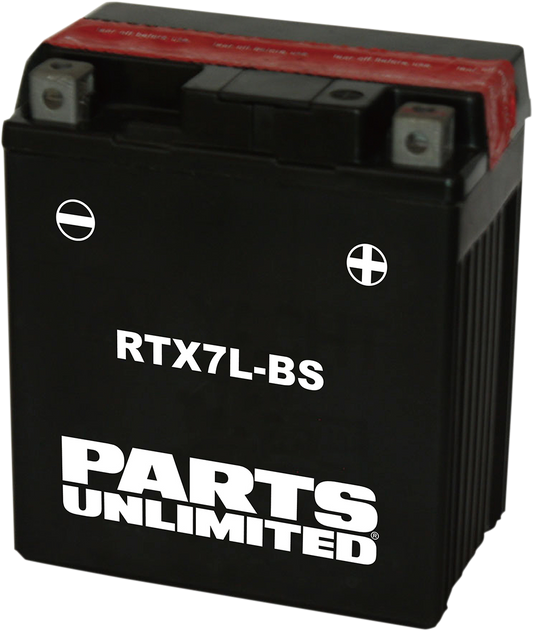Parts Unlimited AGM Battery RTX7L-BS, sealed maintenance-free car battery with long-lasting power, shown in the image.
