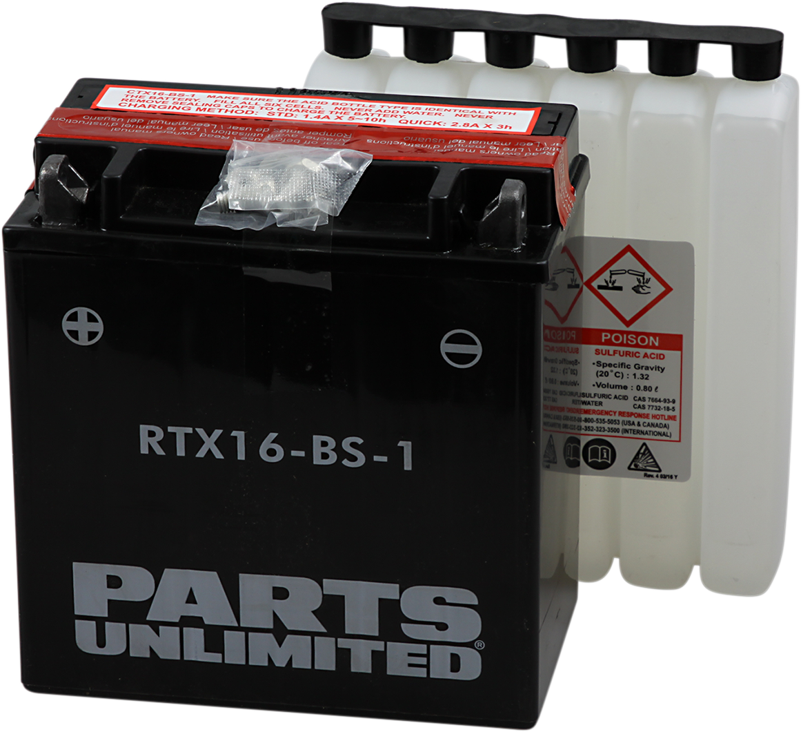 Parts Unlimited AGM Battery YTX16-BS-1, maintenance-free sealed lead acid motorcycle battery, with terminals and brand logo visible.