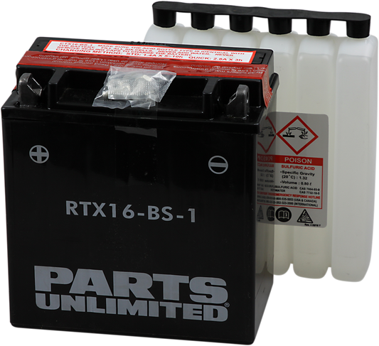 Parts Unlimited AGM Battery YTX16-BS-1, maintenance-free sealed lead acid motorcycle battery, with terminals and brand logo visible.