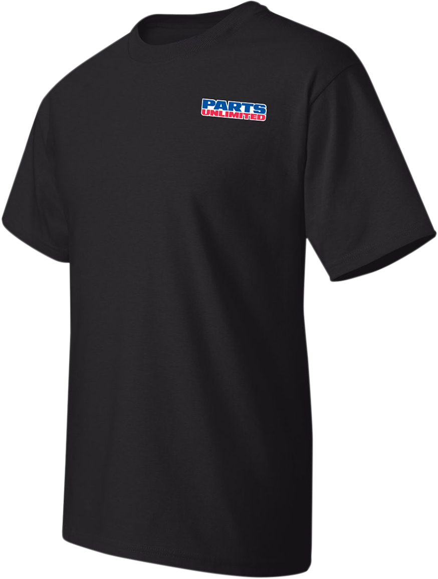 Parts Unlimited black T-shirt in XL size, featuring the Parts Unlimited logo, displayed on a plain background.