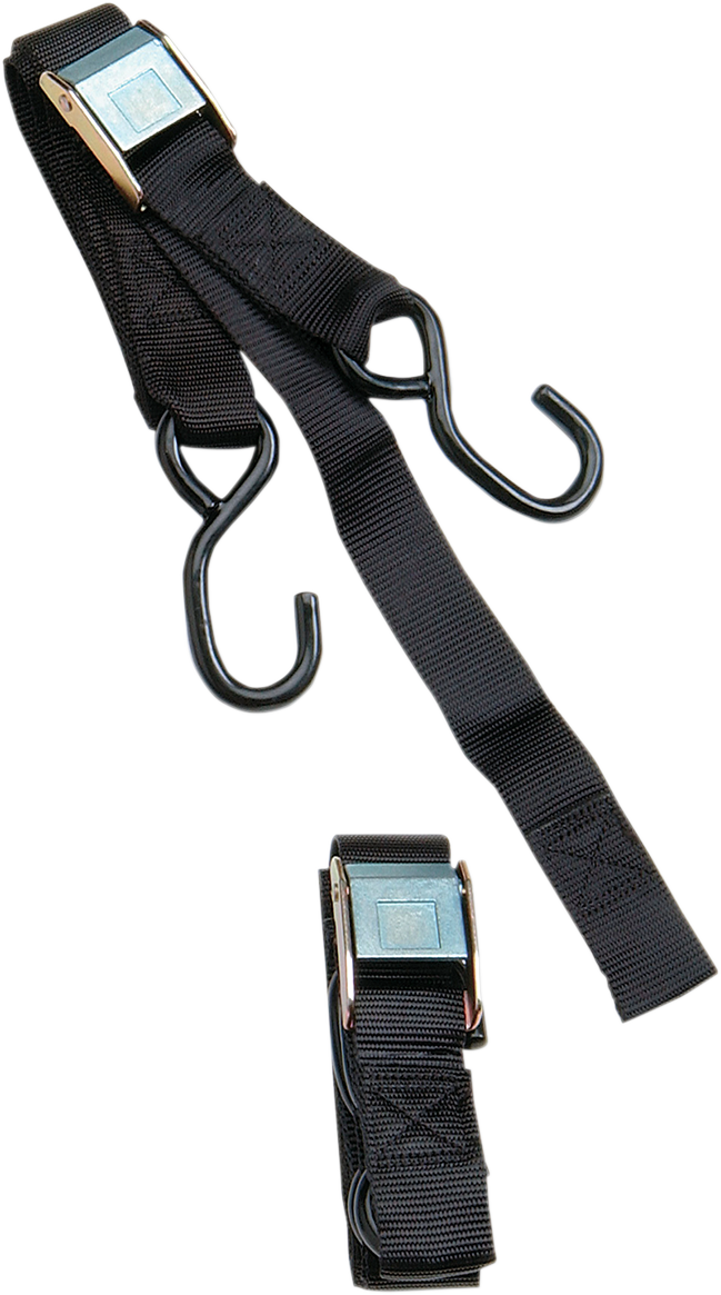 Black PARTS UNLIMITED Cam Buckle Tie-Down strap, 1 inch x 5-1/2 feet, shown with secure buckle and adjustable length.