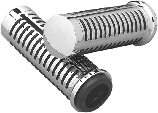 Parts Unlimited chrome motorcycle grips with O-ring design, 7/8 inch handlebar size, featuring shiny chrome finish and ergonomic shape.