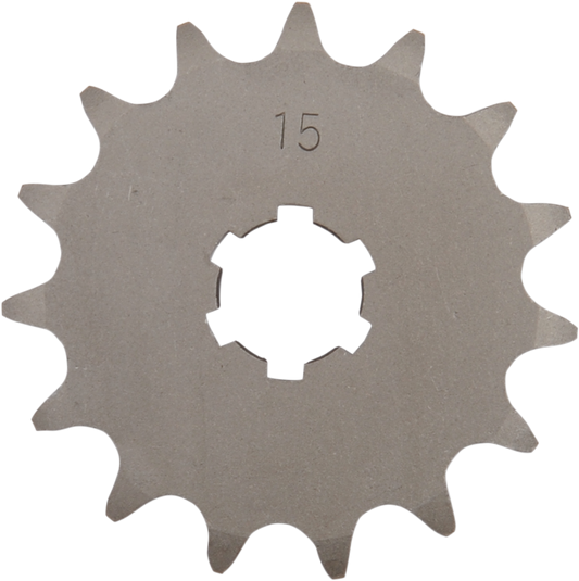 Countershaft sprocket 15-tooth by PARTS UNLIMITED for Kawasaki, Suzuki, Yamaha motorcycles, shown in a close-up image.