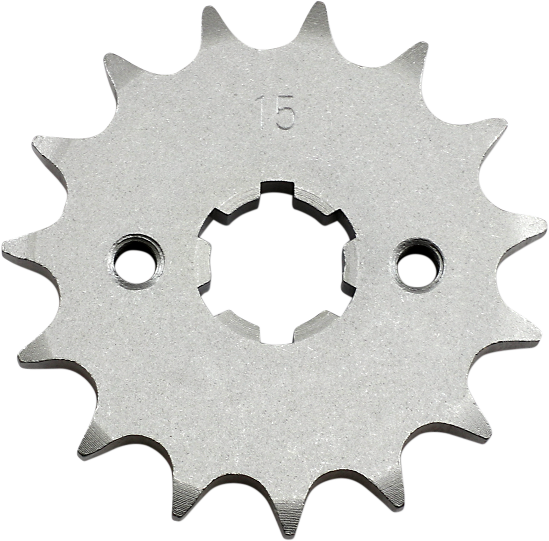 Parts Unlimited 15-tooth countershaft sprocket for Yamaha and Honda motorcycles, shown with bolt holes and gear teeth.