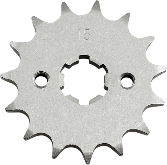 Parts Unlimited 15-tooth countershaft sprocket for Yamaha and Honda motorcycles, shown with bolt holes and gear teeth.