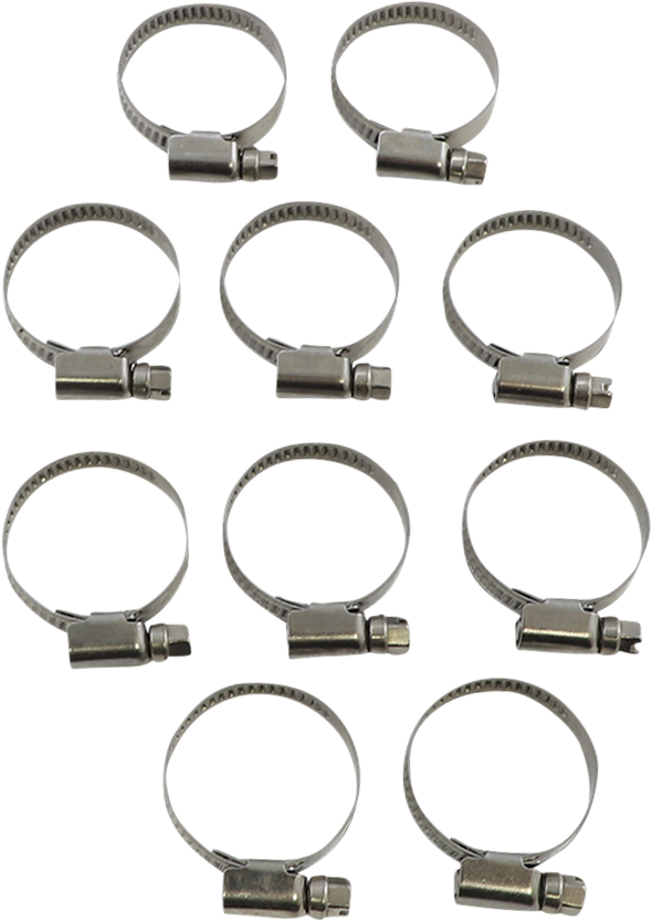 PARTS UNLIMITED embossed hose clamps, 20-32 mm, 10-pack, durable metal clamps for secure hose fitting and maintenance.