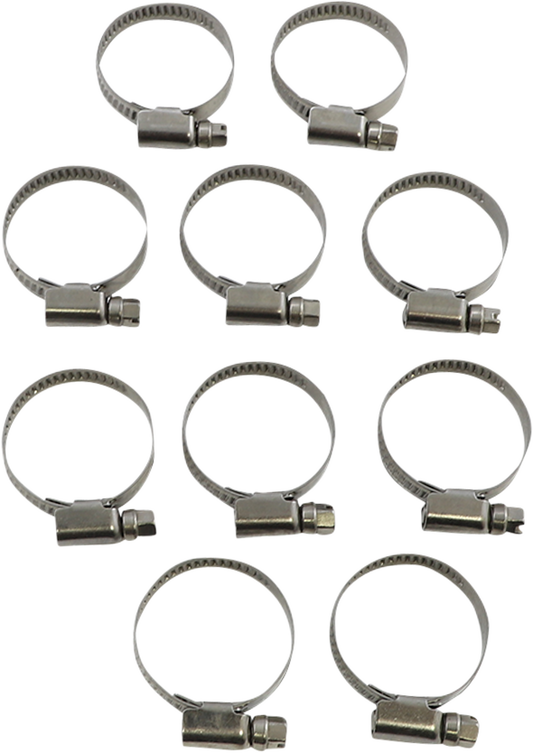 PARTS UNLIMITED embossed hose clamps, 20-32 mm, 10-pack, durable metal clamps for secure hose fitting and maintenance.