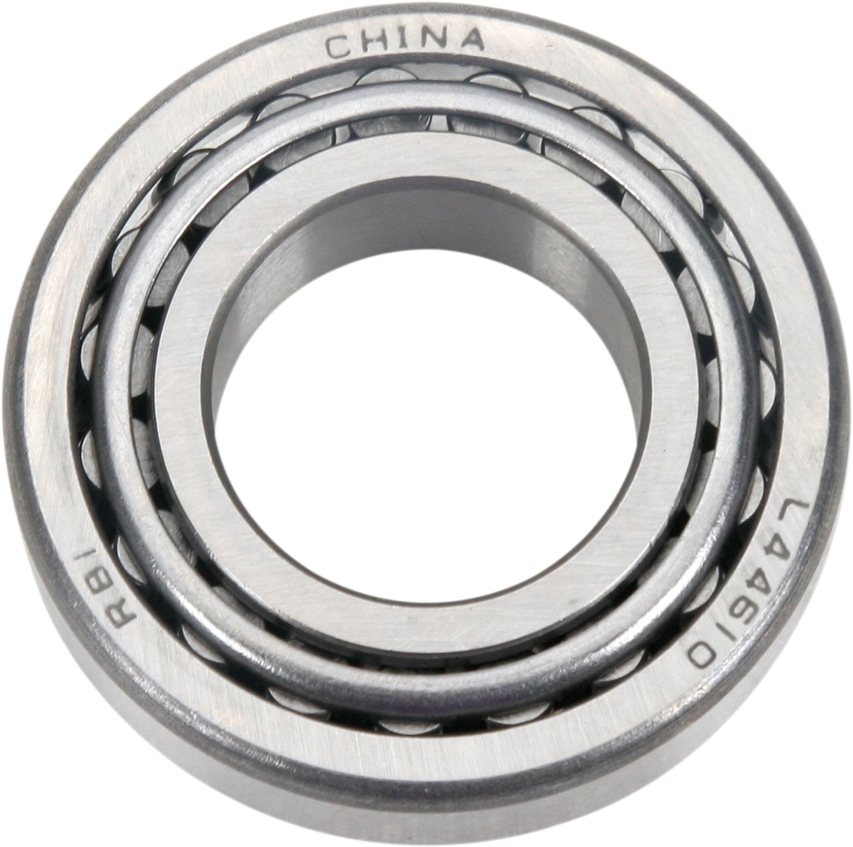 Parts Unlimited L44643/10 tapered wheel bearing with 1-inch cone and cup, shown with metal bearing components.