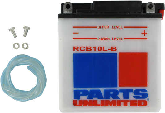 Parts Unlimited RCB10LB heavy-duty motorcycle battery with durable construction and part number CB10L-B.