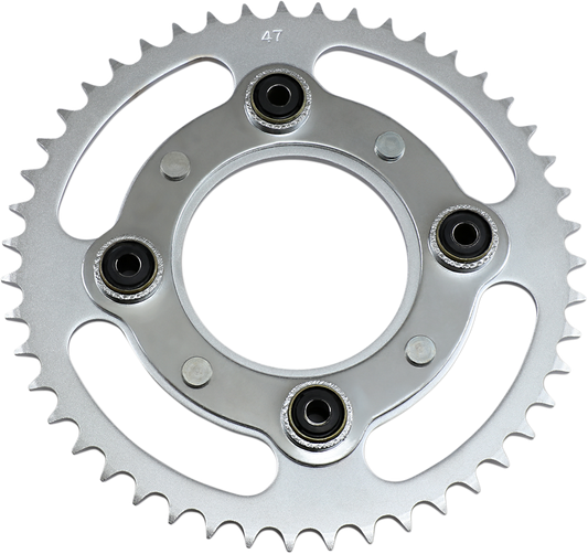 Parts Unlimited rear sprocket with 47 teeth for Honda motorcycle, showing the black metal gear with teeth and mounting holes.
