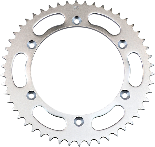 Parts Unlimited 50-tooth rear sprocket for Suzuki motorcycles, featuring durable metal construction and precise fit.
