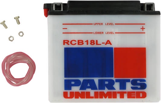 Parts Unlimited YB18L-A CB18L-A heavy-duty motorcycle battery showing terminals and size details.