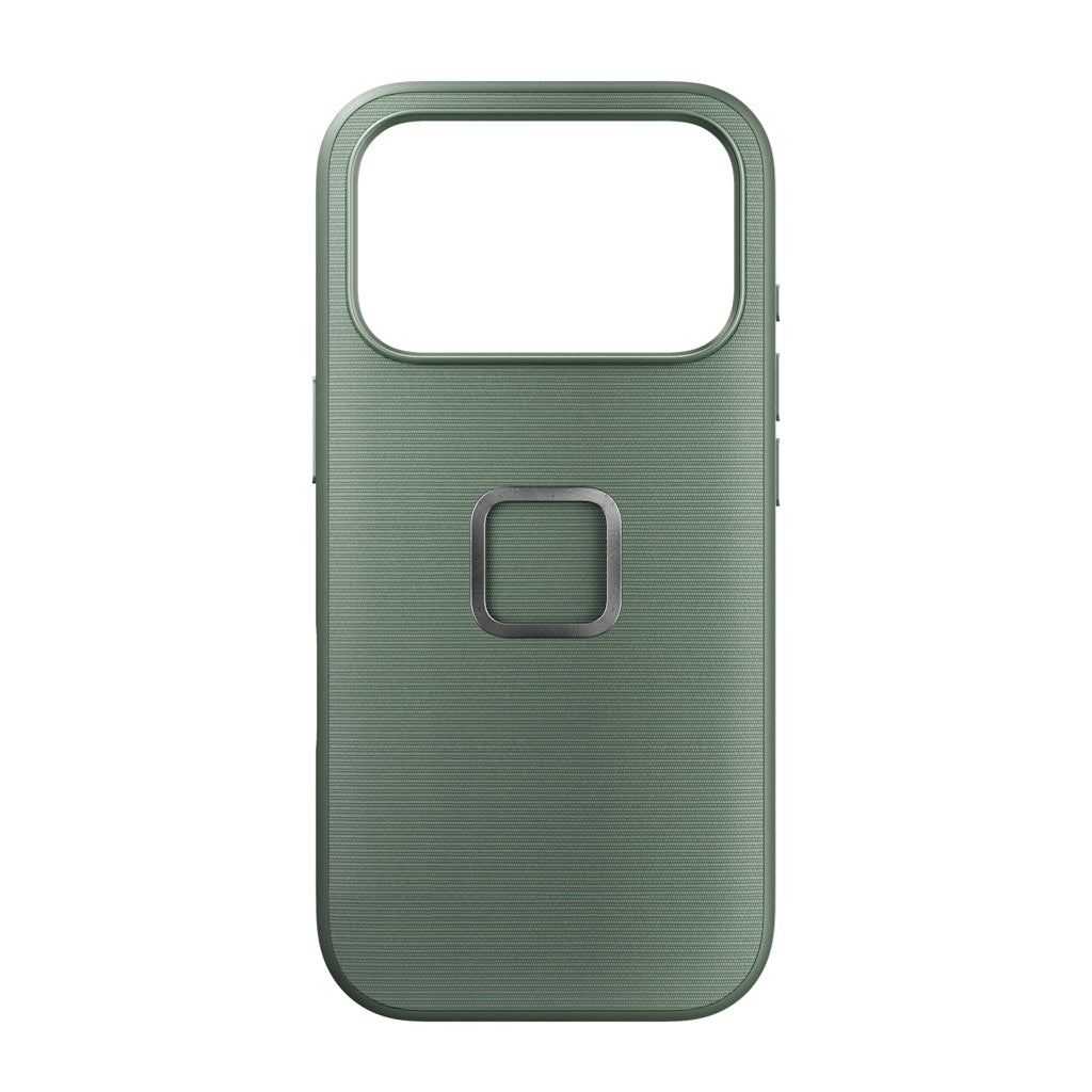 Peak Design Everyday Case for iPhone 17 Pro in Sage, showing a slim, protective mobile phone case with a textured finish.