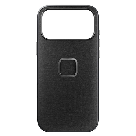 Peak Design Everyday Case for iPhone 17 Pro Max in charcoal, showing a close-up of the protective mobile phone case.