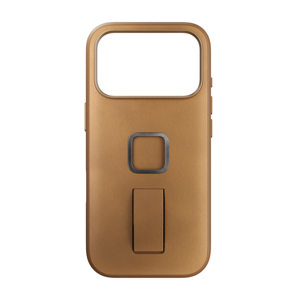 Peak Design Everyday Loop Case in tan for iPhone 17 Pro, showcasing the slim, protective mobile case with loop attachment.