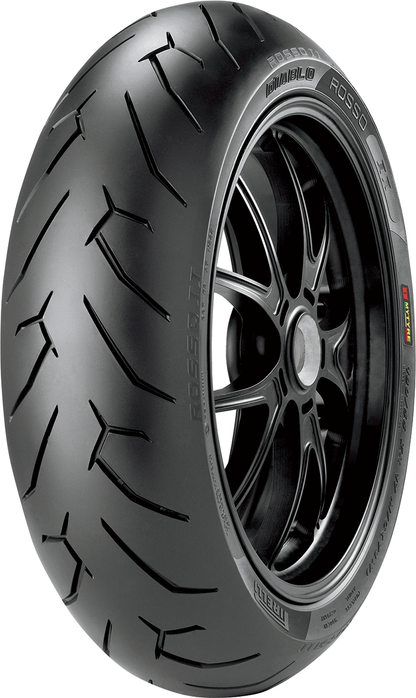 PIRELLI Diablo Rosso II rear motorcycle tire, 200/50R17, with enhanced grip technology and W speed rating.