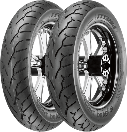Pirelli Night Dragon rear motorcycle tire 180/60B-17 for V-twin and metric bikes, showing tread pattern and sidewall details.