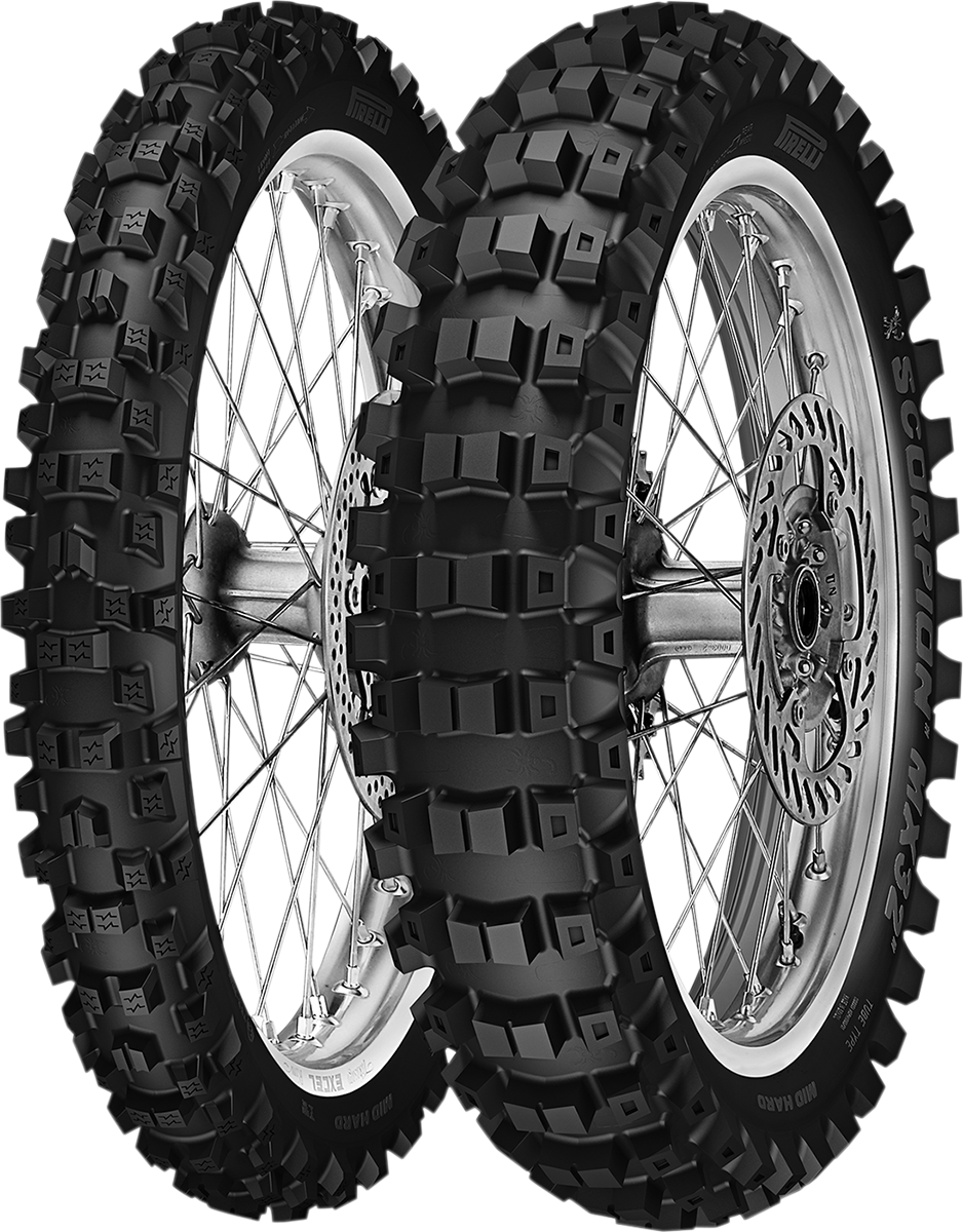 Pirelli Scorpion MX32 Mid Hard front tire 80/100-21 for motocross and off-road racing, showing tread pattern and sidewall.