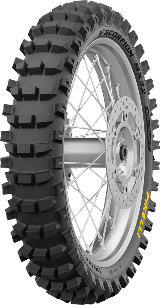Pirelli Scorpion MX32 Mid Soft Rear Tire 110/90-19 for motocross bikes, showcasing tread pattern and durable rubber construction.