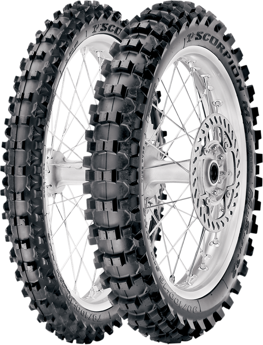 PIRELLI Scorpion MX32 mid-soft rear motorcycle tire, 90/100-16 size, designed for durable off-road performance.