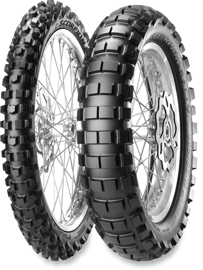 Pirelli Scorpion Rally front motorcycle tire 120/70-19 60T with rugged tread pattern for off-road riding.