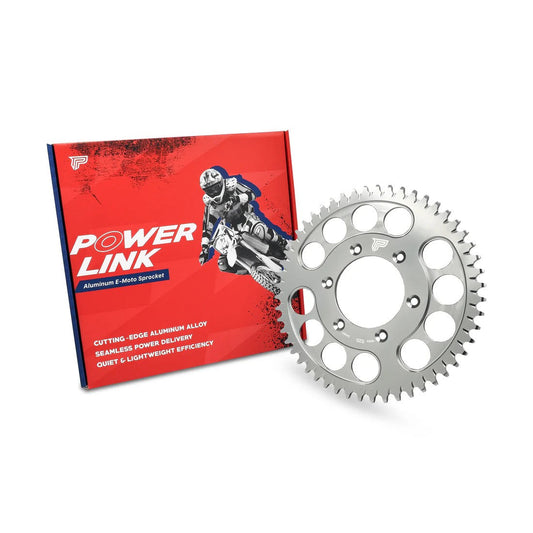 Silver Power Link Rear Sprocket for Surron Ultra Bee electric bike by eDirtyBike, shown with packaging.