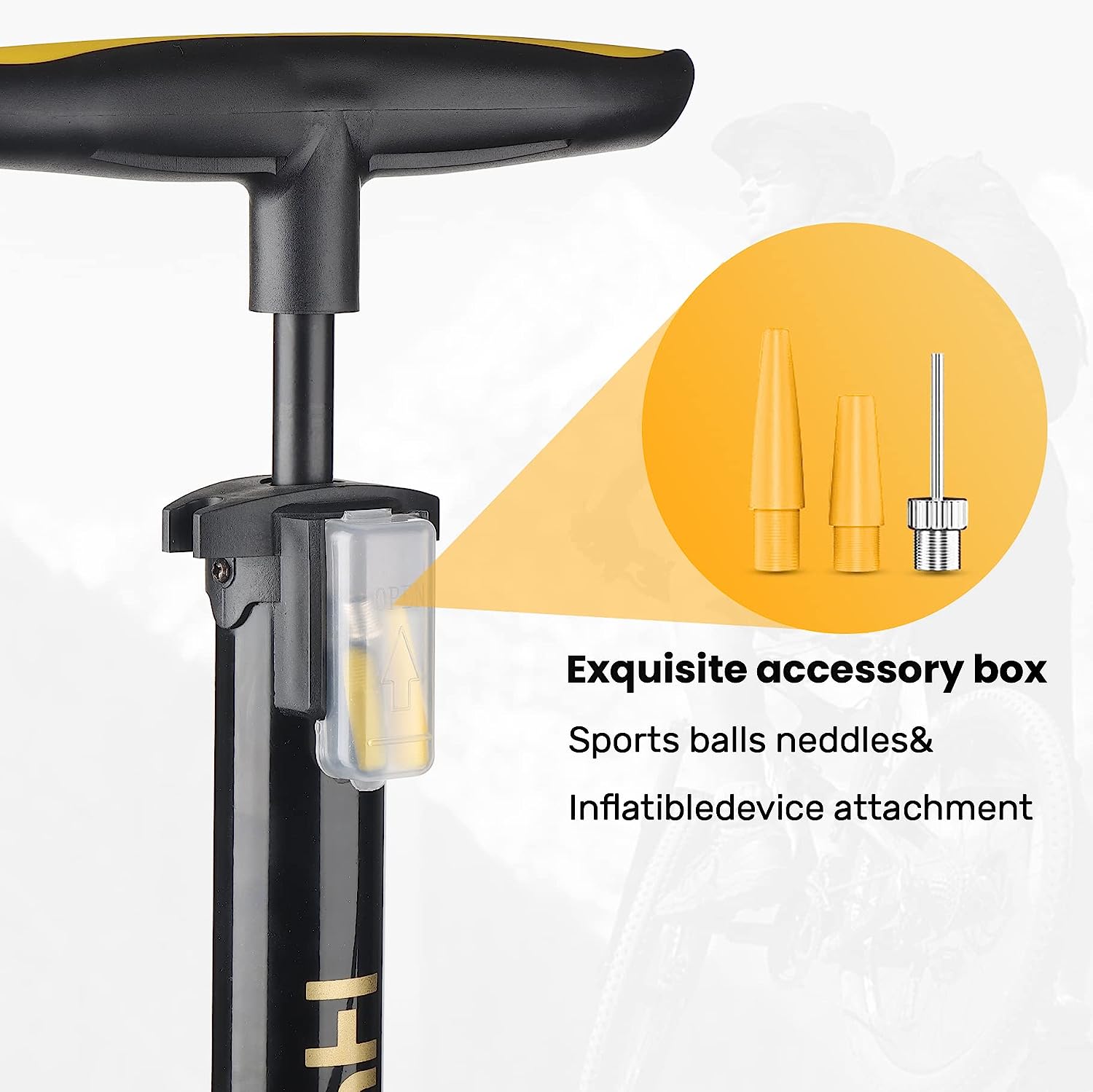 Hycline Basic Bike Pump with pressure gauge and presta valve for bicycle tires, floor pump design, black and silver finish.